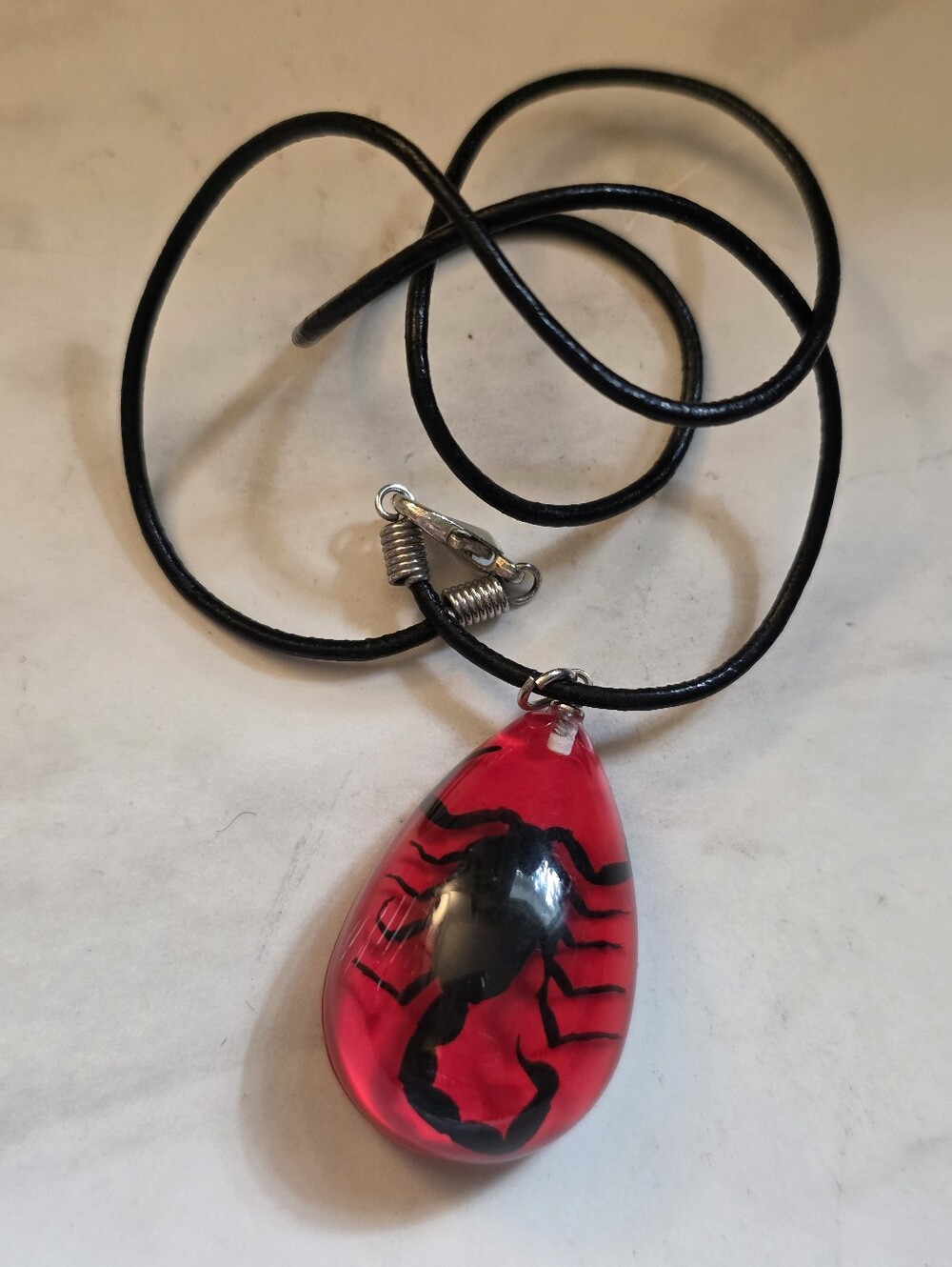 Red Teardrop Scorpion Pendant Necklace on Black Cord